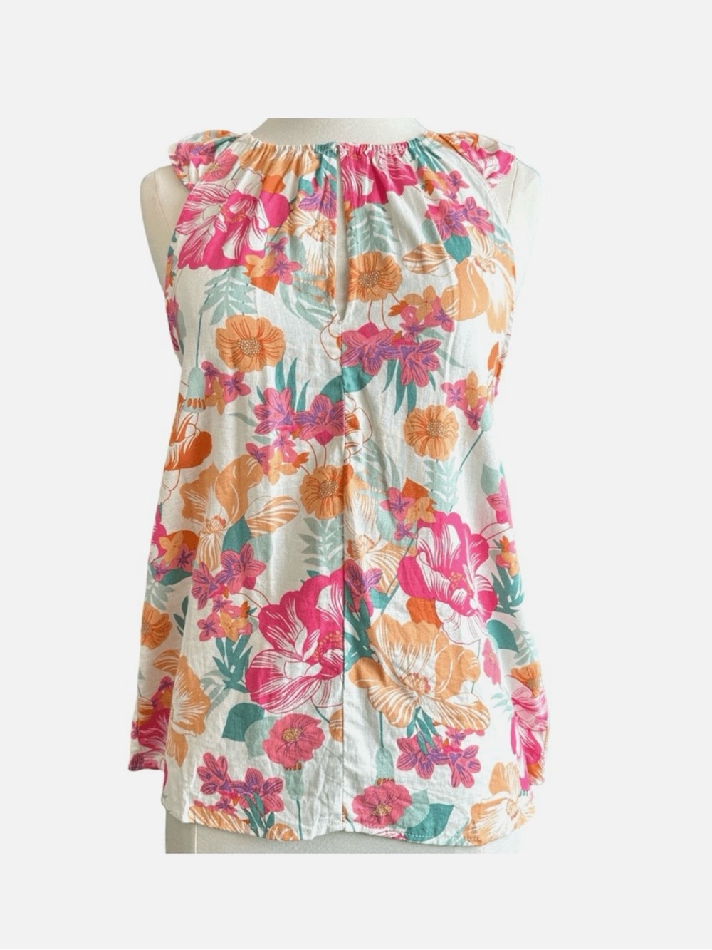 Rachel Zoe Pink Orange Floral Print Sleeveless Keyhole Blouse Linen Blend Size M